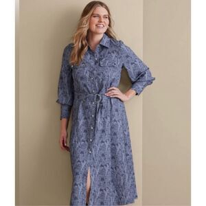 Soft Surroundings Irina Dress Blue Shirtdress Button Down Belted Size M
